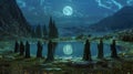 Under a moonlit sky a circle of druids stands around a tranquil lake their hands joined in reverence as they invoke the