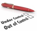 Under or Out of Control Pen Check Boxes Managing Project Well or Royalty Free Stock Photo