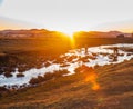 The pasture under the radiance of the setting sun