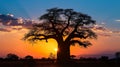 Under the radiant hues of twilight, the silhouette of a baobab tree paints a serene picture of the African savanna