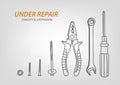Under repair concept composition. Doodle working tools: screwdriver, key, pliers, screws and nut. Vector illustration