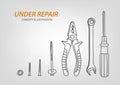 Under repair concept composition. Doodle working tools: screwdriver, key, pliers, screws and nut. Vector illustration Royalty Free Stock Photo