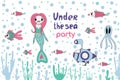 Under The sea. birthday card with a cute little mermaid, fish and bathyscaphe.vector illustration of a hand-drawn cartoon style. Royalty Free Stock Photo