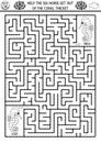 Under the sea black and white geometrical maze for kids with seahorse. Ocean line preschool printable activity. Water labyrinth