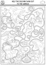 Under the sea black and white maze for kids with marine landscape, fish, pelican, octopus. Ocean line preschool activity. Water