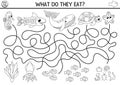 Under the sea black and white maze for kids with turtle, whale, shark, seahorse. Ocean line preschool printable activity with fish