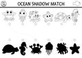 Under the sea black and white shadow matching activity. Ocean line puzzle with cute crab, jellyfish, starfish, seahorse. Find Royalty Free Stock Photo