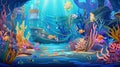 Under the sea with a boat with allot of fish , for children, illustration, vector Royalty Free Stock Photo