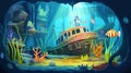 Under the sea with a boat, for children, illustration, vector Royalty Free Stock Photo