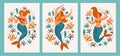 Under the sea card with mermaid, leaves, seashells and fish. Simple and cute illustration in pastel colors. Posters.