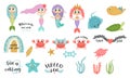 Under the sea collection. Cute mermaids cartoon vector illustration. Royalty Free Stock Photo