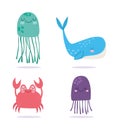 Under the sea, crab jellyfishes whale wide marine life cartoon