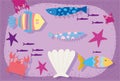 Under the sea, fishes shell starfishes crab wide marine life landscape cartoon