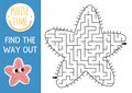 Under the sea geometrical maze for kids. Ocean preschool printable activity. Water starfish shaped labyrinth game or puzzle for