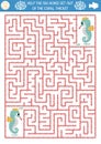 Under the sea geometrical maze for kids with seahorse. Ocean preschool printable activity. Water labyrinth game or puzzle. Help