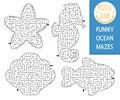 Under the sea geometrical maze set for kids. Ocean preschool printable activity shaped as seahorse, fish, seashell, star. Water