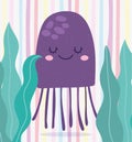 Under the sea, jellyfish algae wide marine life landscape cartoon