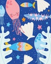 Under the sea, jellyfish fishes starfishes leaves wide marine life landscape cartoon