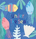 Under the sea, jellyfish seaweed shell fish wide marine life landscape cartoon