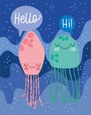 Under the sea, jellyfishes water wide marine life landscape cartoon