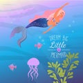 Under the sea little mermaid, fishes, sea animals. Vector collection.