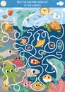 Under the sea maze for kids with marine landscape, fish, pelican, reef, octopus. Ocean preschool printable activity. Water