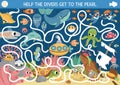 Under the sea maze for kids with marine landscape, wrecked ship, fish. Ocean preschool printable activity with dolphin, whale.