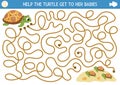 Under the sea maze for kids with tortoise, seashells, sand. Ocean or mothers day preschool printable activity. Water labyrinth