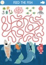 Under the sea maze for kids with turtle, whale, shark, bass, parrotfish. Ocean preschool printable activity with fishes and their