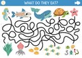 Under the sea maze for kids with turtle, whale, shark, seahorse, starfish. Ocean preschool printable activity with fish and their