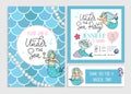 Under the sea party invitation for little girl mermaid. Set of g Royalty Free Stock Photo