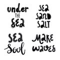 Under the sea. Sea soul. Sea, sand, salt. Make waves. Summer hand drawn vector lettering set for greeting cards, prints Royalty Free Stock Photo