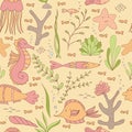 Under The Sea Seamless Pattern WIth Fishes, Seahorses, Shells, Sea stars, Seaweeds and Corals.