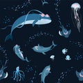 Under the sea seamless pattern. Marine life with little flower. Texture for fabric, textile, apparel. Blue background Vector