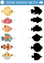 Under the sea shadow matching activity with fish. Ocean puzzle with cute flounder, bass, clownfish, blowfish. Find correct Royalty Free Stock Photo