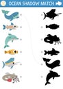 Under the sea shadow matching activity with fish. Ocean puzzle with cute whale, dolphin, shark, blowfish. Find correct silhouette Royalty Free Stock Photo