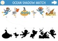 Under the sea shadow matching activity. Ocean puzzle with cute diver, submarine, pelican, wrecked ship, seagull. Find correct Royalty Free Stock Photo