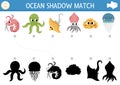 Under the sea shadow matching activity. Ocean puzzle with cute octopus, squid, jellyfish, ray fish, sponge. Find correct Royalty Free Stock Photo