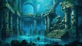 Under the sea. Underwater mystical ruins. Lost city of Atlantis. Sunken treasure ocean world.