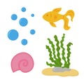 Under the sea. Underwater set with bubbles, gold fish, seawheed and pink spiral seashell. Vector illustration