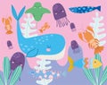 Under the sea, whale jellyfishes stingray lobster wide marine life landscape cartoon