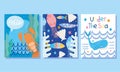 Under the sea, wide marine life landscape cartoon lobster whale shell banner cover and brochure