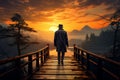 Under the setting sun, he crosses the bridge with purpose Royalty Free Stock Photo