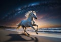 Majestic Unicorn Galloping on the Beach under starry sky