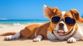 Dog wearing Sunglasses sitting on the Beach,