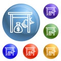 Under table money bag icons set vector