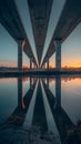 Under the twilight sky, the architectural symmetry of a modern bridge reflects on the water surface, creating a scene of Royalty Free Stock Photo