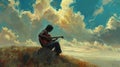 Under a vast sky, a guitarist strums a melody as the wind whispers accompaniment, breathing life into each note