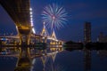 Under view of Bhumibol Bridge with fireworks,Night Scene