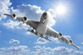 Under view of commercial airplane takeoff to the beautiful sky Royalty Free Stock Photo